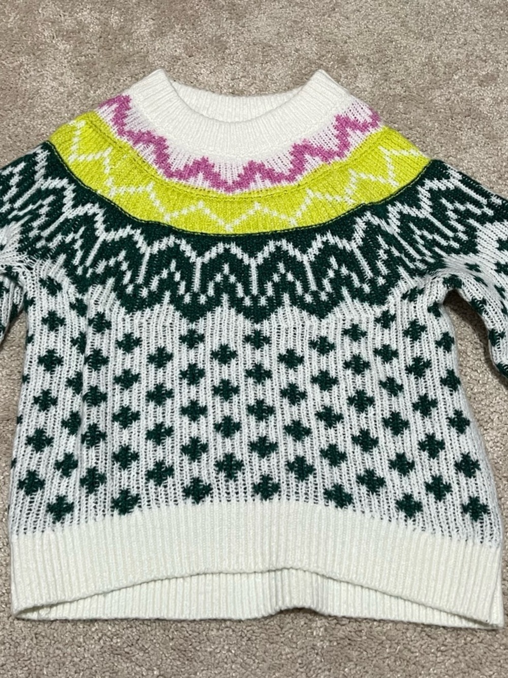 Gap Kids White Fair Isle Knit Sweater with Green, Yellow, and Pink Pattern